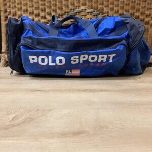 Vintage 90's Polo Sport Ralph Lauren Gym Duffle Bag Blue Black Flag Logo Straps